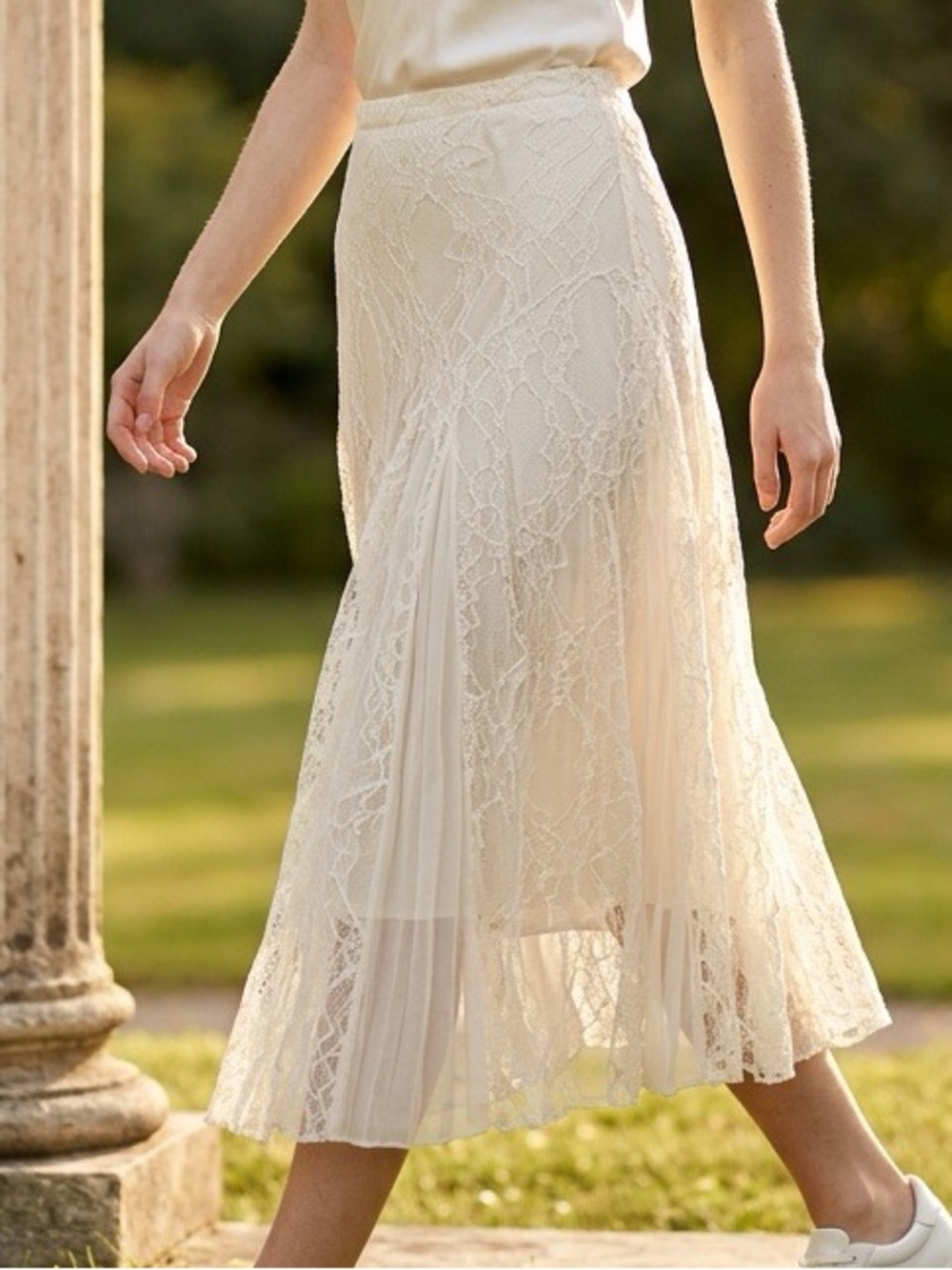 Lace Panel Cream Midi Skirt